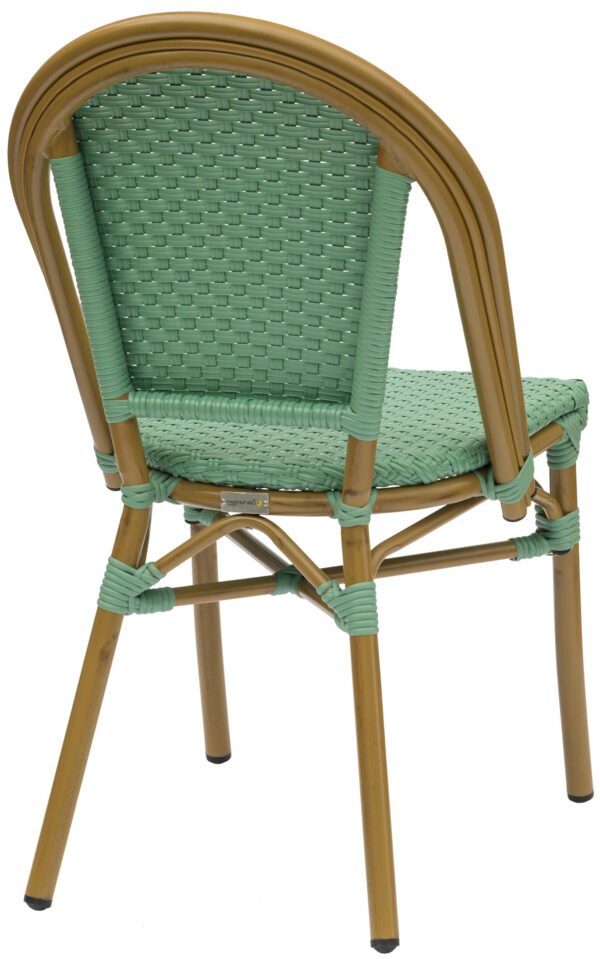 The Teal Parisian Chair features a woven design in a teal hue, with a curved backrest crafted from wood-like materials. The frame, also mimicking wood, is adorned with teal accents that wrap around the joints and supports. Combining modern and traditional elements, this chair is ideal for both indoor and outdoor use.