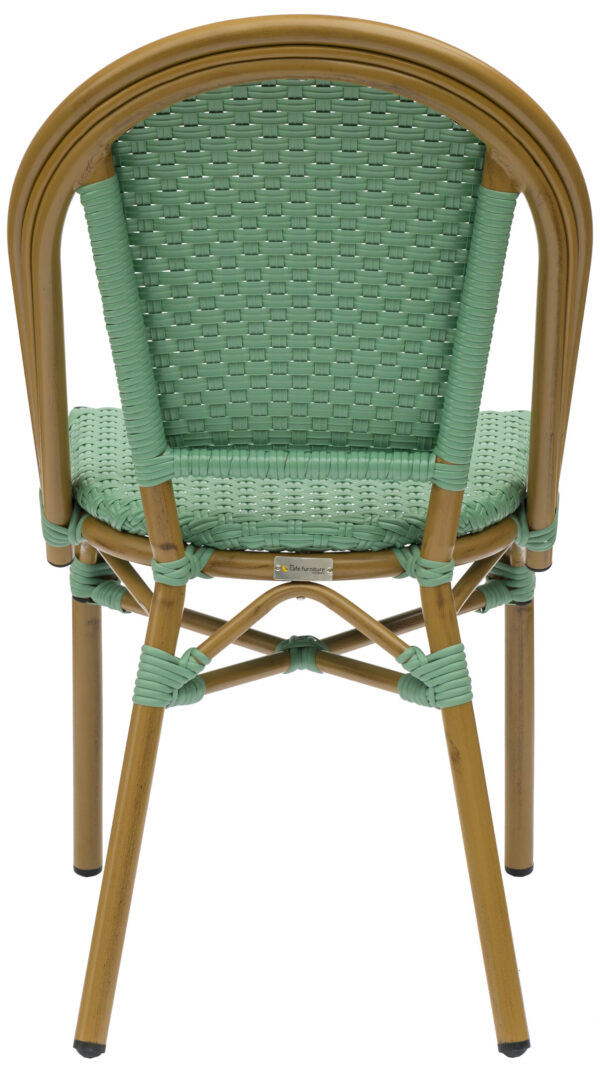 A rear view of the Teal Parisian Chair showcases its woven green material and bamboo-style frame. The chair features a rounded back with a crisscross pattern at the base, and tightly woven material on both the seat and backrest. The legs are secured with distinctive green ties at the joints.