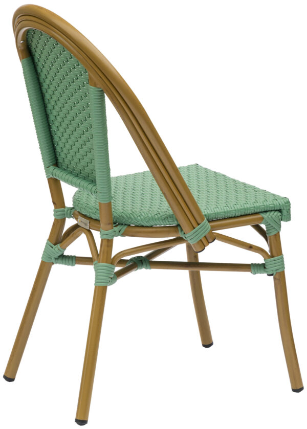 Introducing the Teal Parisian Chair, a stylish seating option featuring a wooden frame and woven seat and backrest. The pale green wicker complements the green bindings on the frame for a cohesive design. The chair stands on four legs that curve slightly outward, offering both aesthetic appeal and practical functionality.