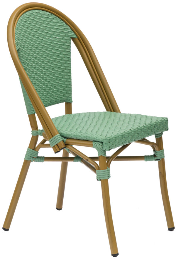 The Teal Parisian Chair features a rattan-style design with a curved backrest and a green woven seat and back. Its frame is a light brown color, complemented by wrapped green detailing at the joints for added stability and aesthetics. The chair exudes a classic and elegant appearance.
