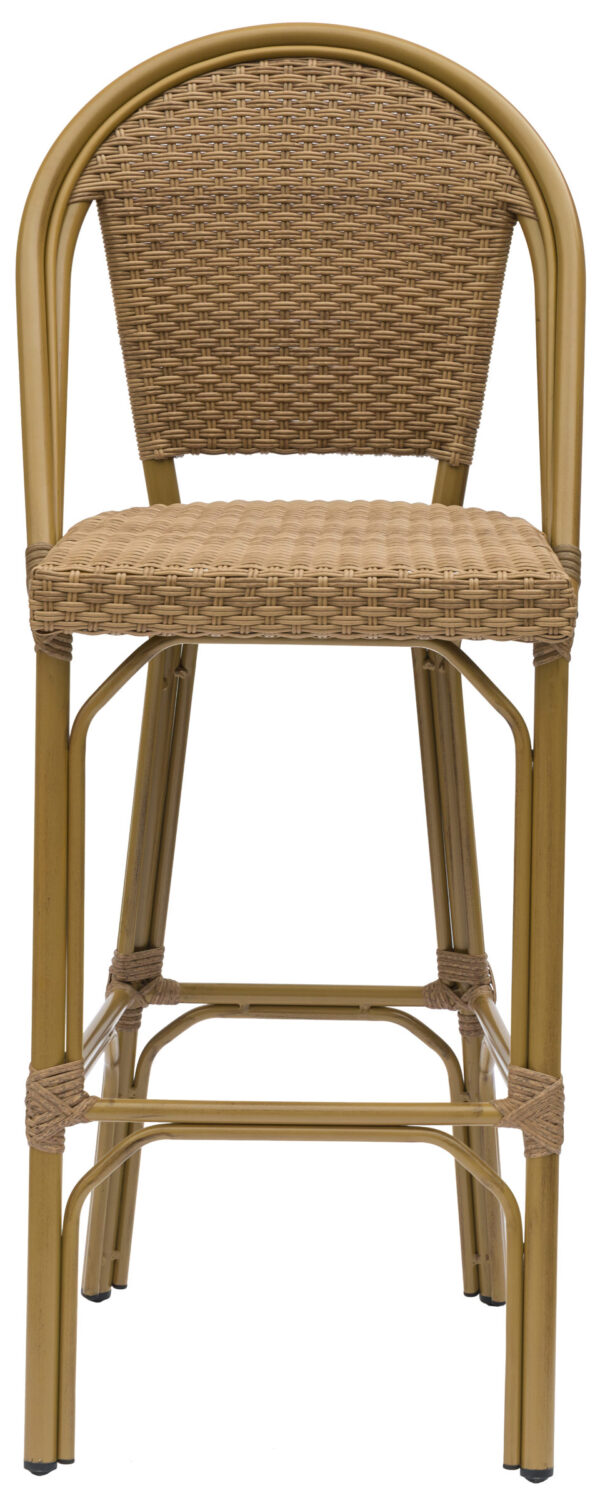 The Parisian Barchair Vintage Cane is a tall bar stool with a golden metal frame and a woven wicker seat and backrest. The design features a smooth, curved top and two support bars at the bottom for added stability, giving the stool a sleek and modern appearance.