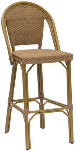 The Parisian Barchair Vintage Cane is a high barstool featuring a woven rattan seat and backrest. It has a frame made of sturdy, light-colored metal, complete with footrests and a curved back for added comfort. Its simple and functional design makes it suitable for various indoor and outdoor settings.