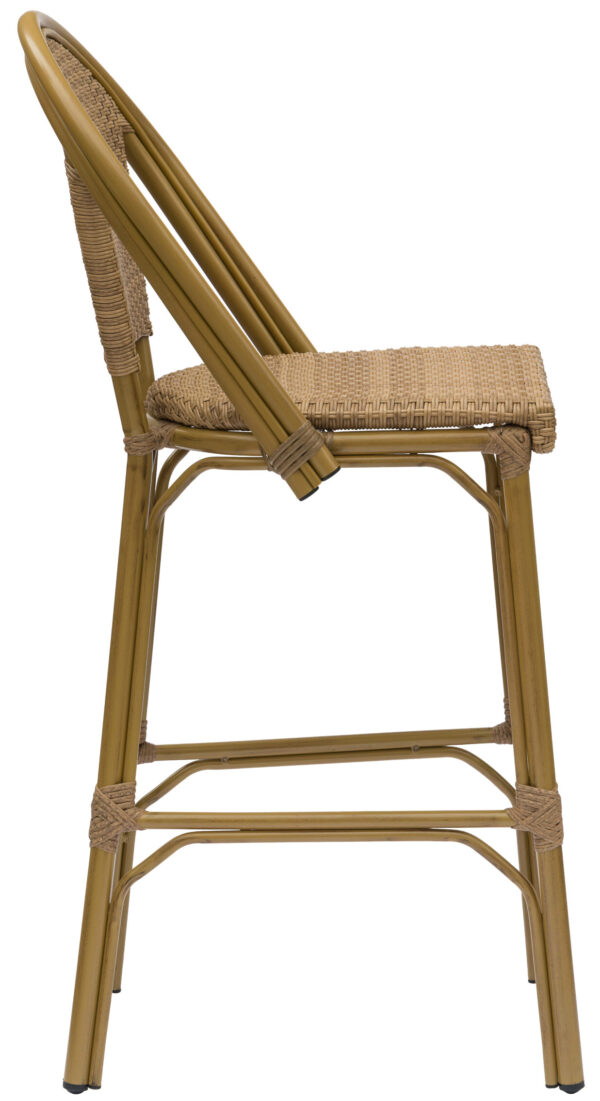 Side view of the Parisian Barchair Vintage Cane, featuring a woven backrest and seat. The barchair boasts a light brown frame with natural rattan weaving. Its design includes a footrest and angled back legs, providing a classic, rustic look that is suitable for both indoor and outdoor settings.