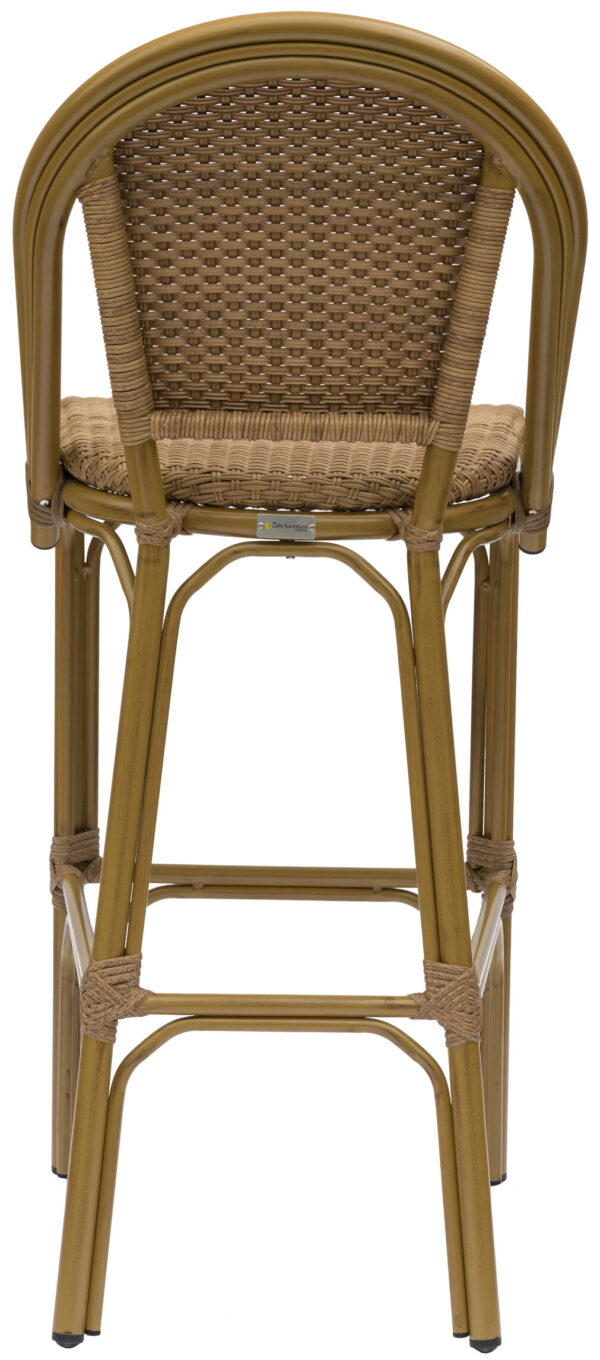 The Parisian Barchair Vintage Cane features a bamboo-style design with woven rattan backrest and seat. The stool boasts a natural finish, curved legs, and supportive connecting bars, blending traditional wicker charm with modern aesthetics.