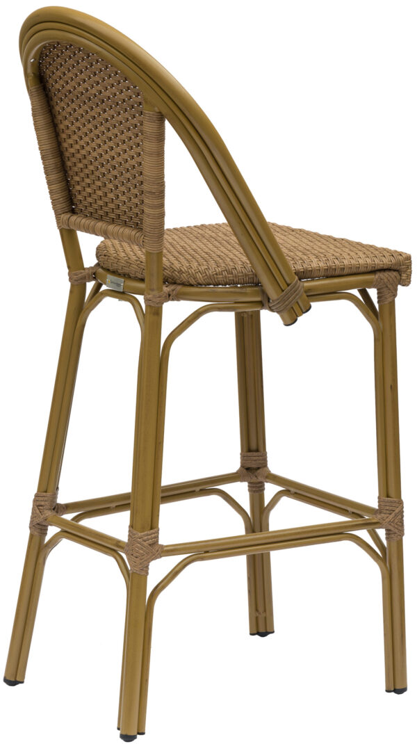 The Parisian Barchair Vintage Cane is a tall bar stool featuring a woven backrest and seat. Its frame is crafted from light brown wood with intricately wrapped joints to ensure support. The slightly angled legs provide a sturdy base, creating a natural, rustic aesthetic.