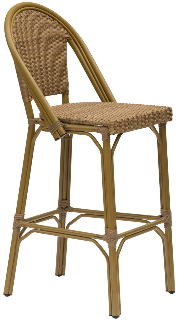 The Parisian Barchair Vintage Cane features a tall design with a woven wicker seat and backrest. Its frame is crafted from light brown bamboo and includes a footrest, providing the chair with a natural and rustic look.