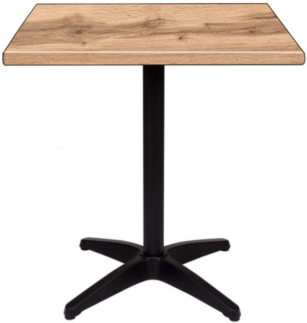 A compact square table with a natural beech top and a black Asti pedestal base.