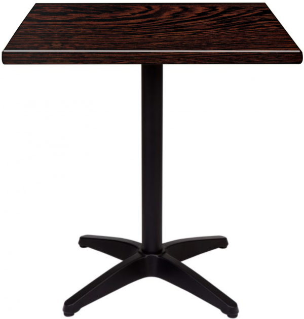 The HK France product features a compact square table with a wenge wood top and a black metal Asti pedestal base that finishes with a four-pronged star-shaped foot.