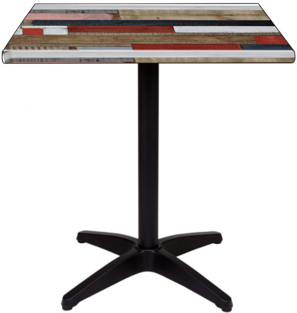 The HK France Redwood Top With Black Asti Base is a small square table that showcases a vibrant wooden top with planks in red, brown, and white. It is supported by a sturdy black base with four legs.