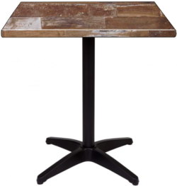 Introducing the HK France Indian Maracaibo Top with Black Asti Base: A square table featuring a rustic wooden surface with a distressed appearance and natural grain patterns, supported by a sturdy black metal pedestal base with four legs.