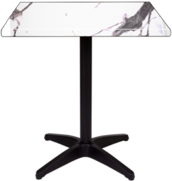 A compact HK France table featuring a Bianco marble top with black veining, supported by a black Asti pedestal base.