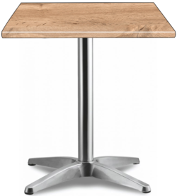 A compact square table named HK France Natural Beech Top With Asti Base, featuring a wooden surface and a metal pedestal base with four legs.