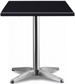 The HK France Black Top with Asti Base is a square table featuring a sleek black surface, complemented by a metal pedestal and five-pointed star legs.