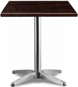 The HK France Wenge Top With Asti Base is a small table featuring a dark wooden square top and a sleek, silver metallic pedestal base with four legs on a white background.