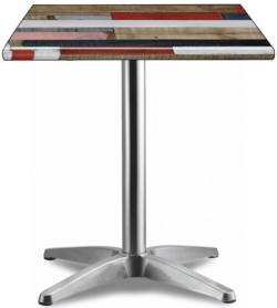 Square table named "HK France" featuring a redwood top with weathered multicolored paint, supported by an Asti silver metal pedestal and base with four legs.