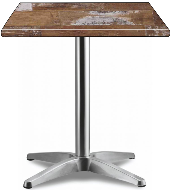 The HK France Maracaibo Top with Asti Base is a square wooden table with a rustic finish, featuring a silver metal pedestal base with four legs. It is showcased against a plain white background.