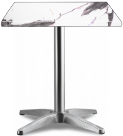 The HK France Bianco Marble Top With Asti Base is a modern table characterized by its sleek, square marble top adorned with gray veins and supported by a metallic pedestal base with four legs, showcasing a minimalist and contemporary design.