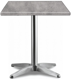 Introducing the HK France Concrete Top With Asti Base: a square table with a concrete surface and a single pedestal base, supported by four evenly spaced feet for enhanced stability. Its minimalistic design lends it a modern and sleek appearance.