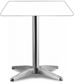 The HK France White Top With Asti Base is a metal pedestal table featuring a distinctive five-pointed star design at the base, supporting a rectangular surface. The image showcases the intricate base with a partial outline of the tabletop against a plain white background.